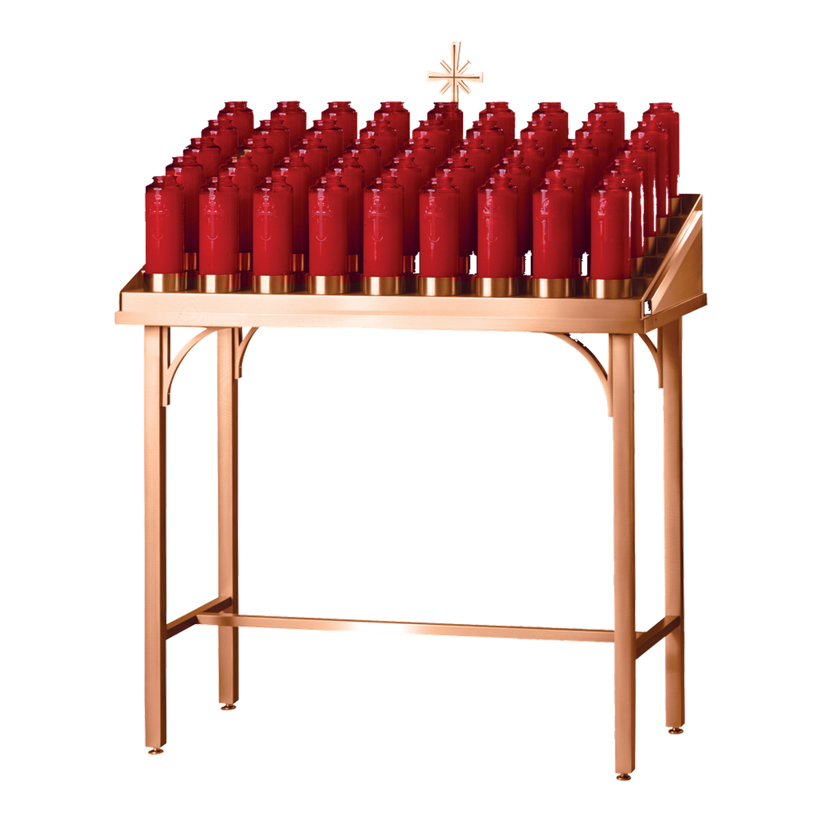 Excelsis 1112-51 satin-finish votive stand with ring sconces and cross accent, shown with bottle lights