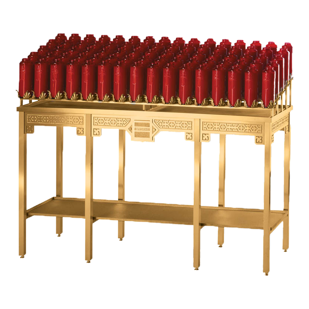 Excelsis 242-202 satin-finish votive stand shown with bottle lights, optional offering box and taper tray