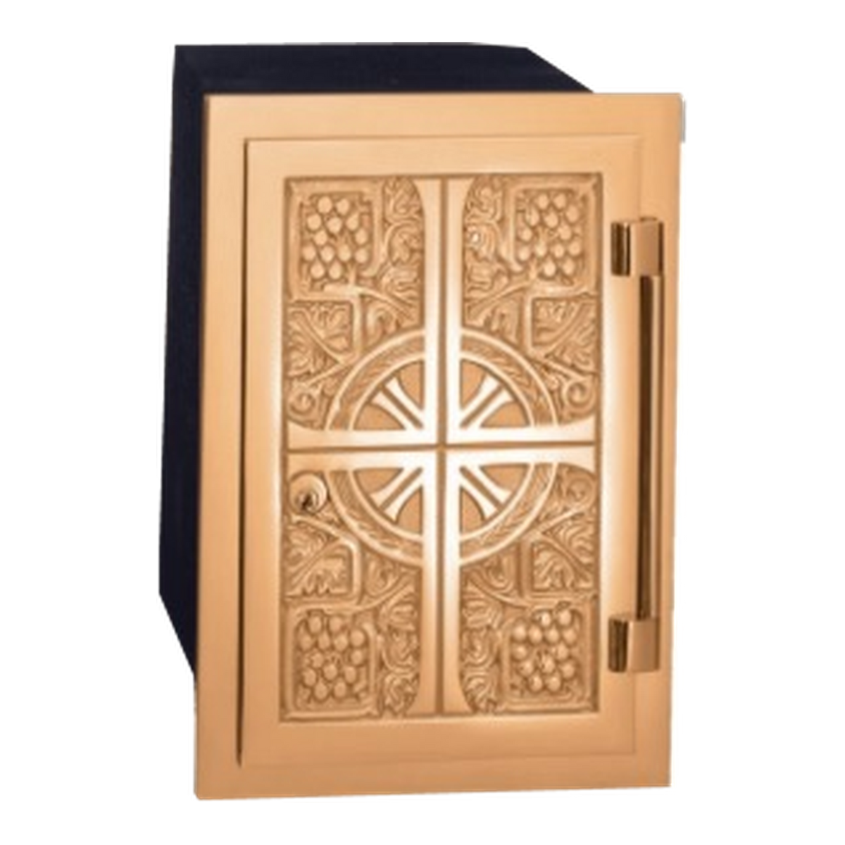 Excelsis 3723 tabernacle with high-polish bronze door and frame and black steel safe body — exact 2026 catalog photograph. Satin alternative not pictured.
