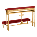 Excelsis 401-238 prie dieu with red velvet cushions and ornate cross, shown in brass