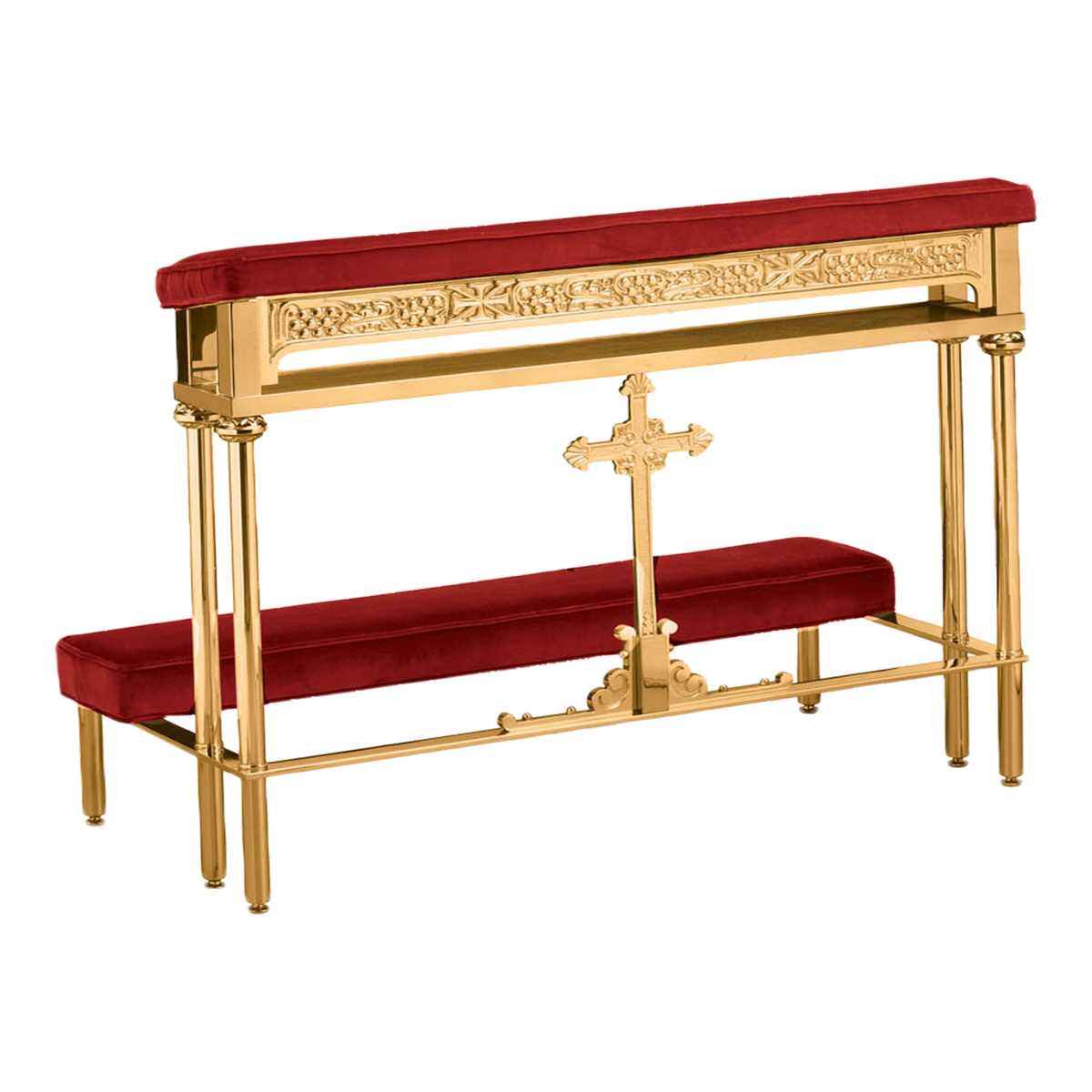 Excelsis 401-238 prie dieu with red velvet cushions and ornate cross, shown in brass