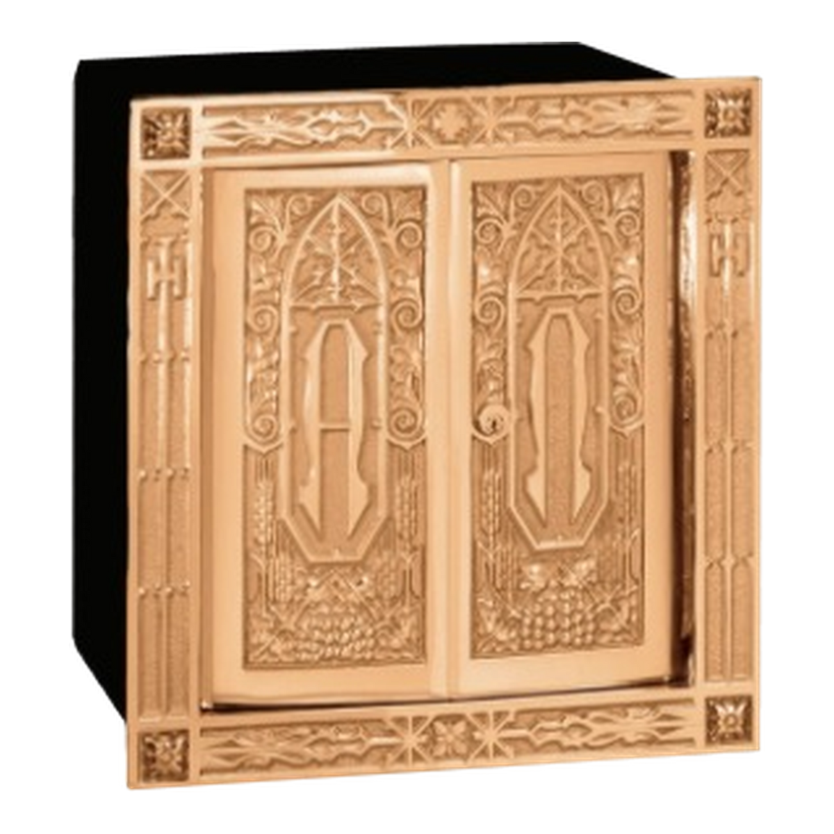 Excelsis 4715 tabernacle with high-polish bronze door and frame and black steel safe body — exact 2026 catalog photograph. Satin alternative not pictured.