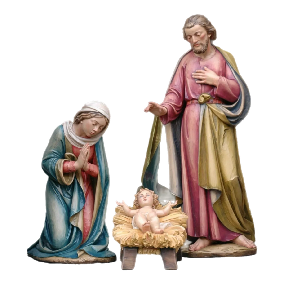 Ferdinand Stuflesser 1875 hand-carved three-piece Nativity