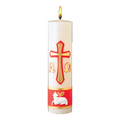 Ornamented Cirio (Cross, Alpha & Omega, Agnus Dei) — authentic catalog family photograph; size varies by option