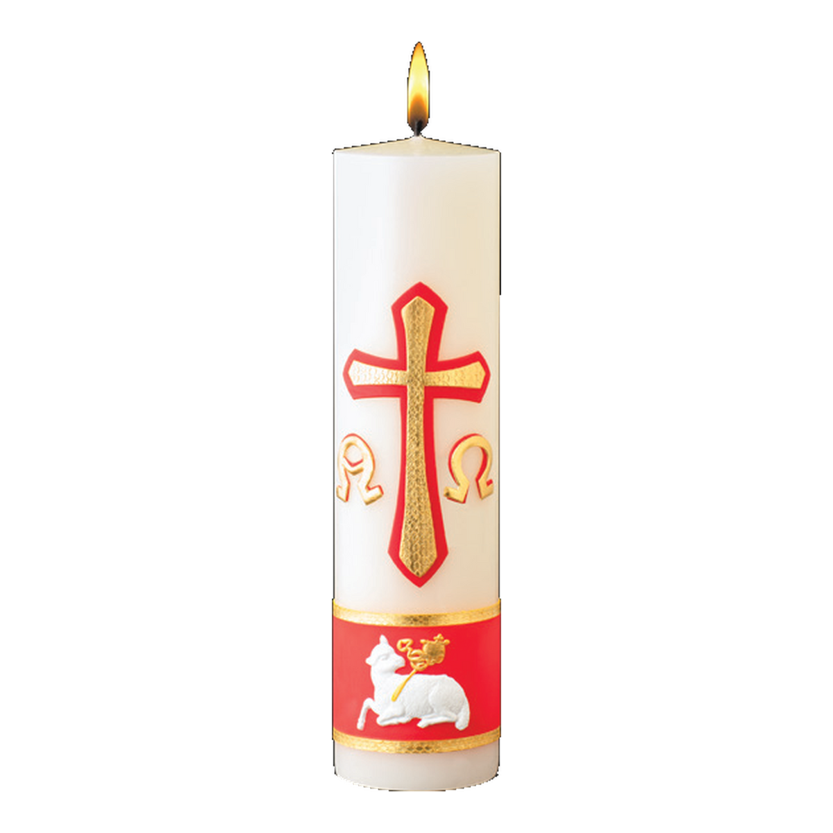 Ornamented Cirio (Cross, Alpha & Omega, Agnus Dei) — authentic catalog family photograph; size varies by option