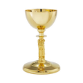 Alviti Creations A-129G high polish gold-plated chalice with Holy Family stem and Celtic cross, with scale paten