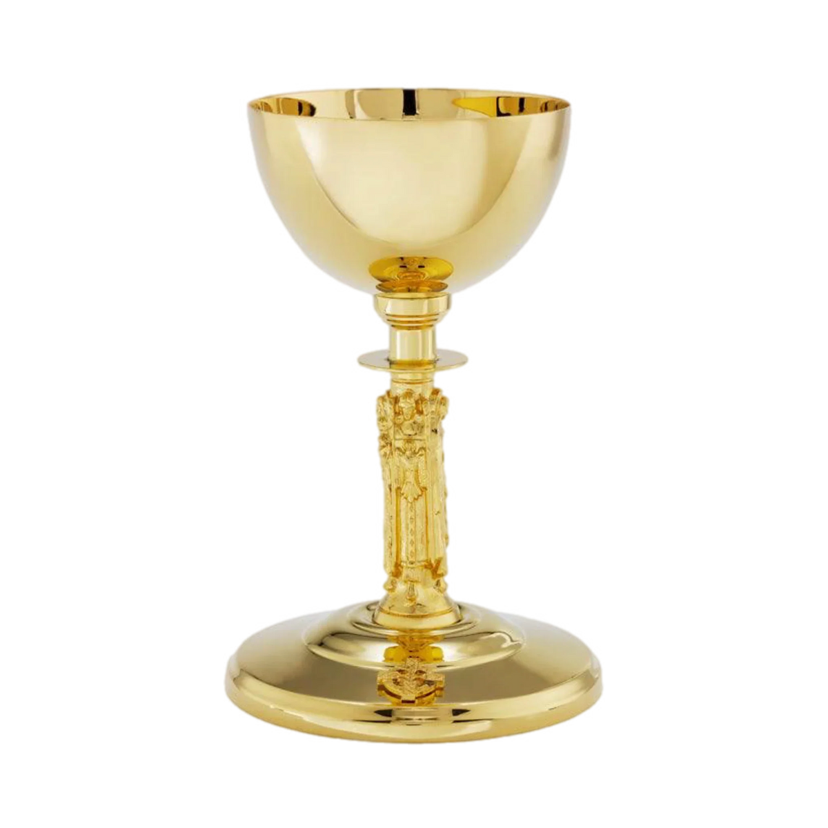 Alviti Creations A-129G high polish gold-plated chalice with Holy Family stem and Celtic cross, with scale paten