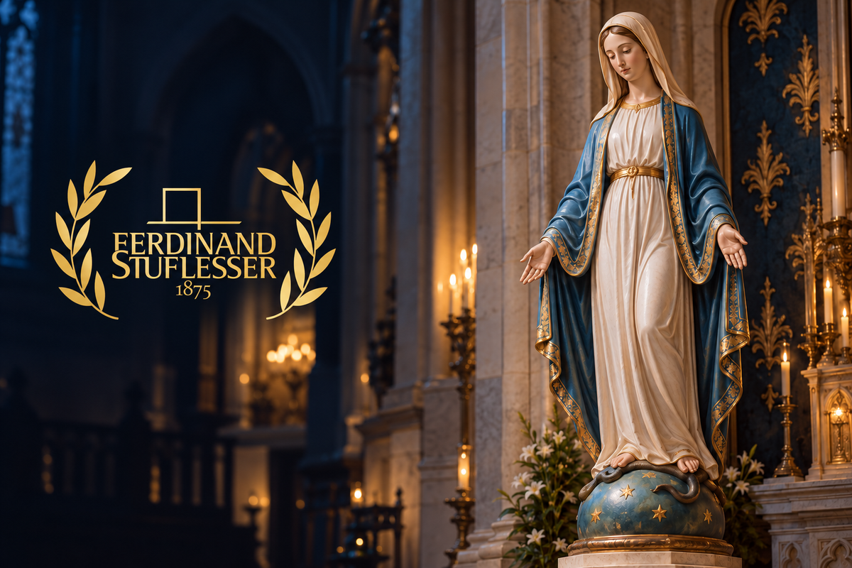 Our Lady of Grace statue in a candlelit church, with the gold Ferdinand Stuflesser 1875 logo