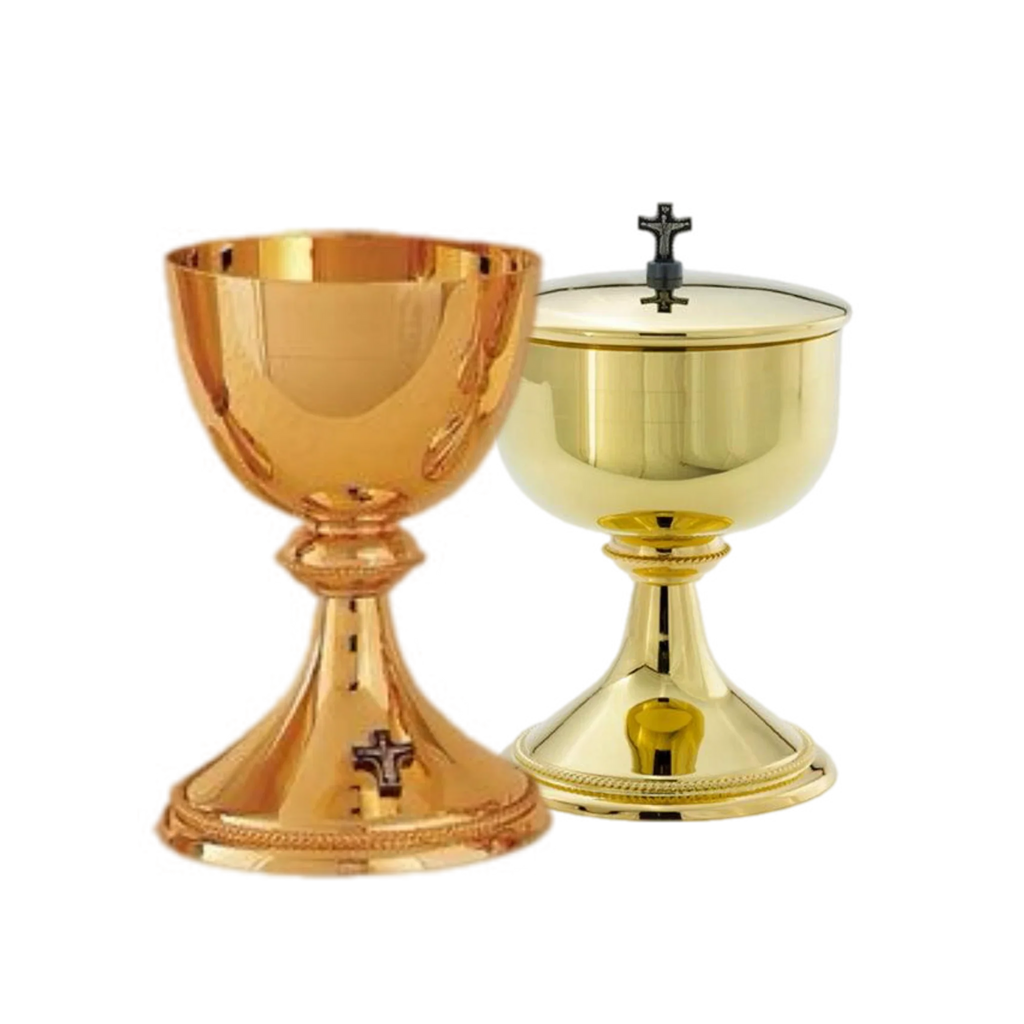 Alviti Creations A-490G high polish 24K gold-plated chalice with silver-ox cross and bowl paten – alternate view 3 of 3