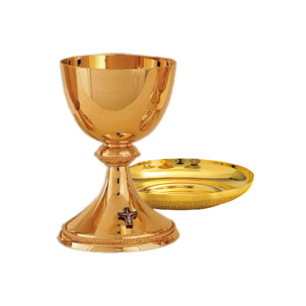 Alviti Creations A-490G high polish 24K gold-plated chalice with silver-ox cross and bowl paten