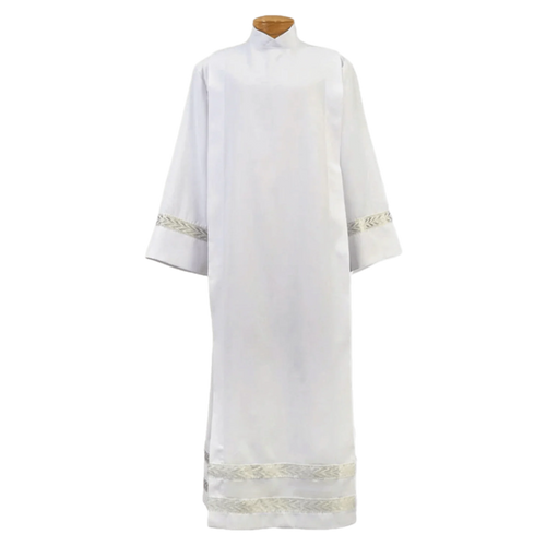 Beau Veste style 4331 white poly/wool alb with silver embroidered bands