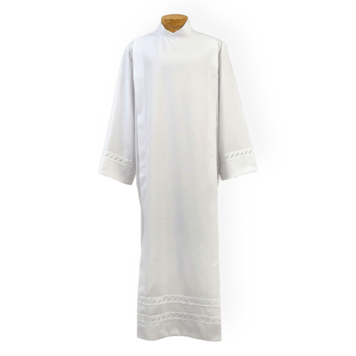 Beau Veste style 4335 white poly/wool alb with embroidered braid trim