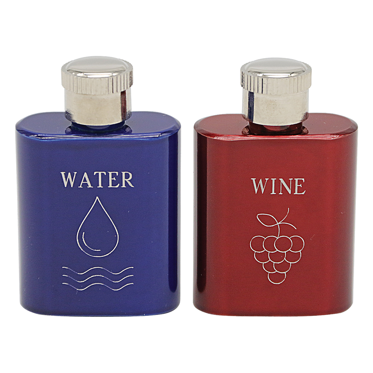 Koley's K23 small stainless steel cruets engraved WATER and WINE