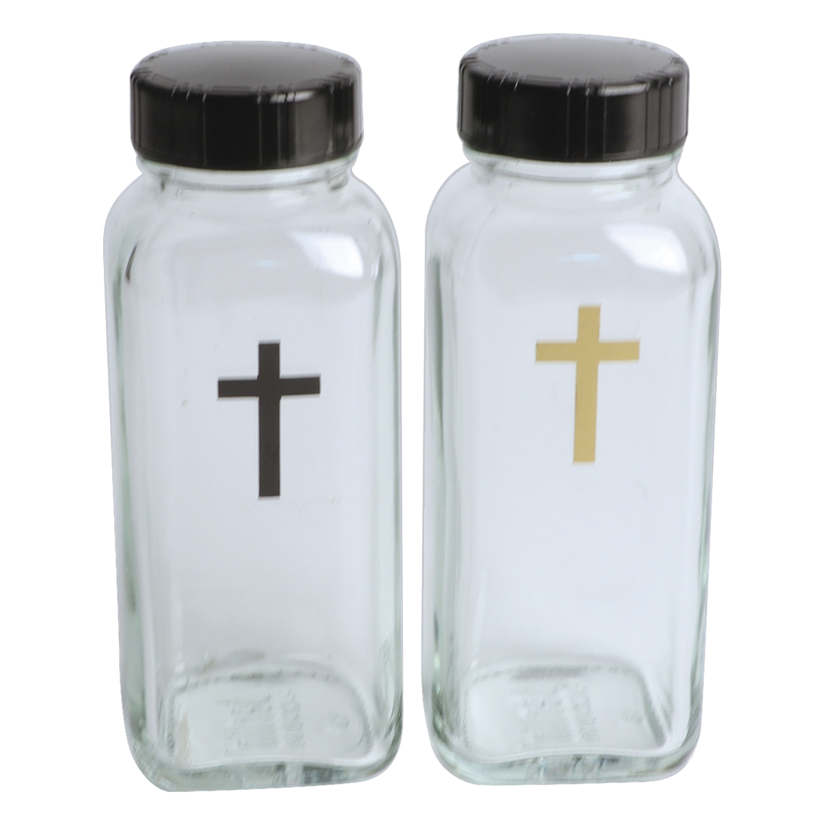 Koley's K326 glass cruets with black and gold crosses