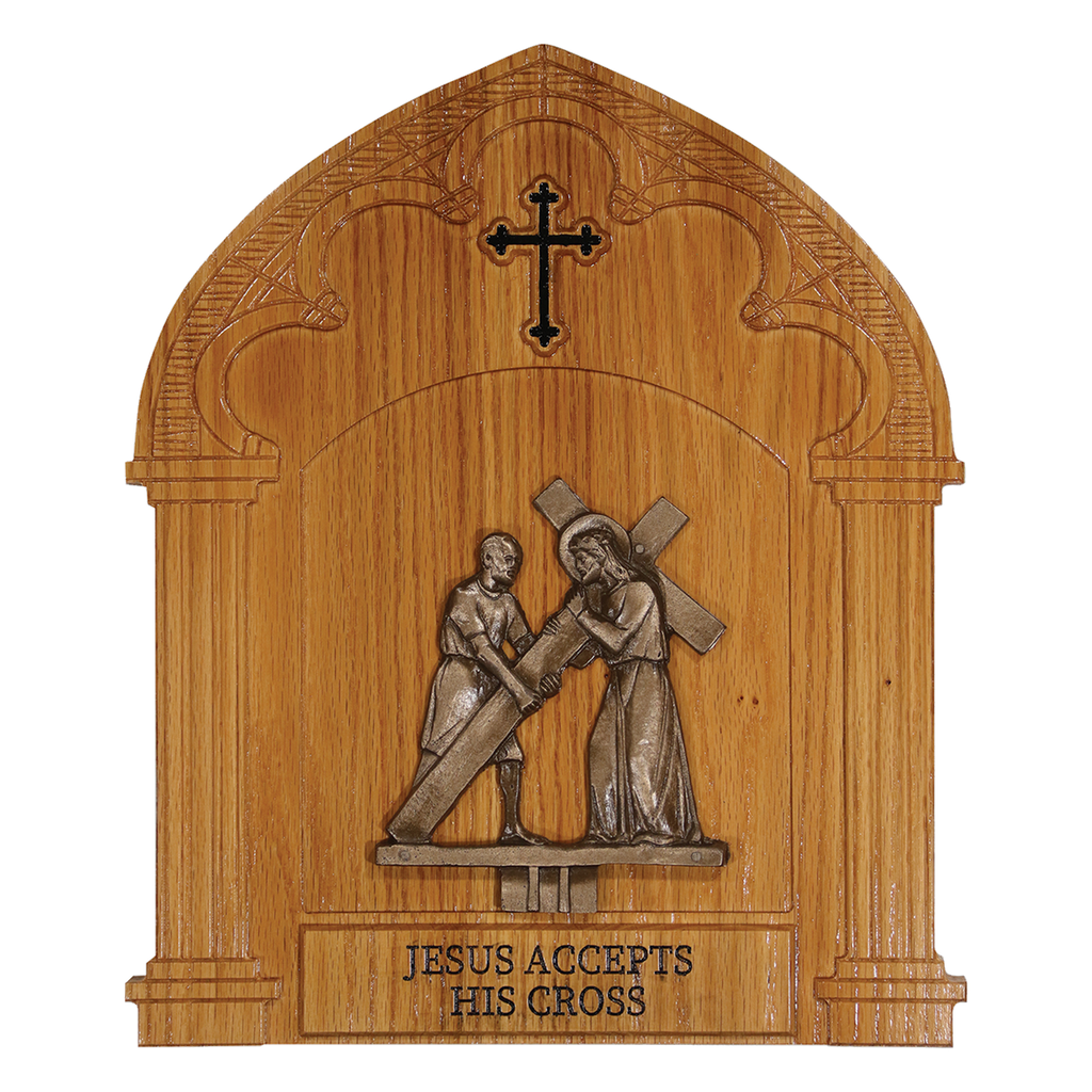 Koley's K376 cold cast bronze Stations of the Cross on oak plaques