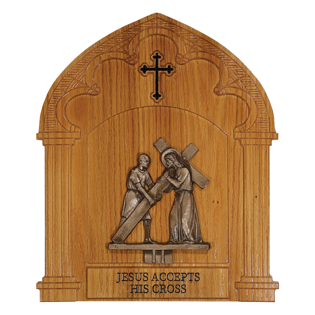 Koley's K376 cold cast bronze Stations of the Cross on oak plaques