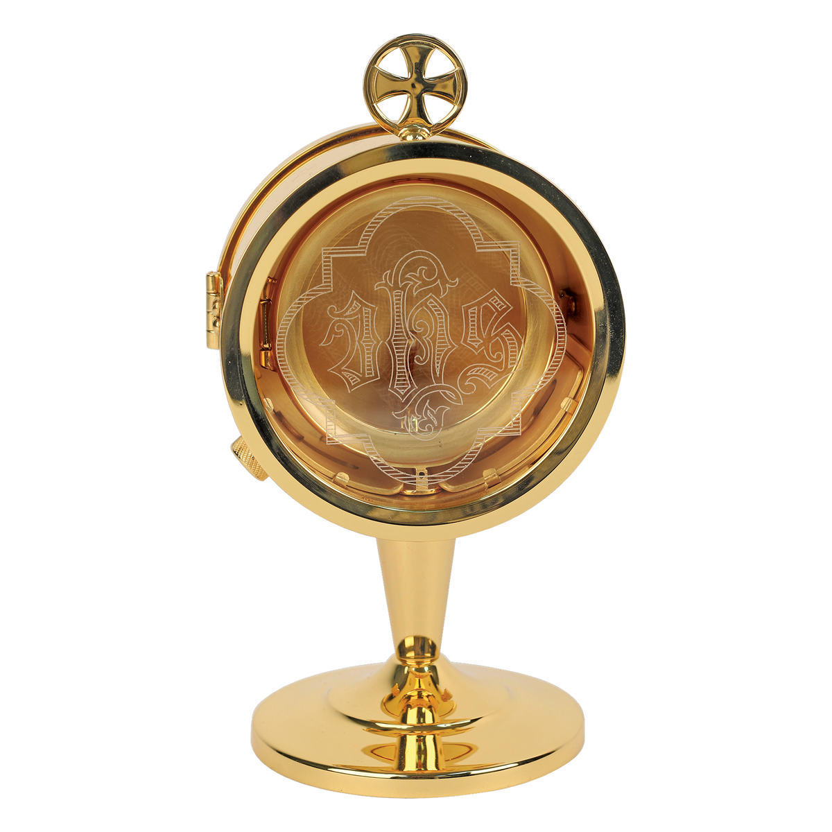 Koley's K440 gold plated chapel monstrance with IHS engraved glass