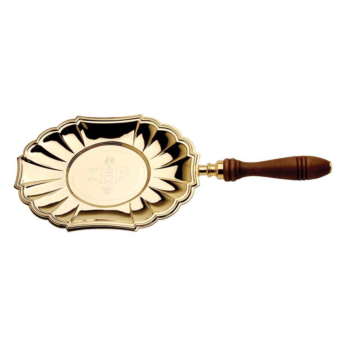 Koley's K582 gold plated communion paten engraved IHS with wood handle