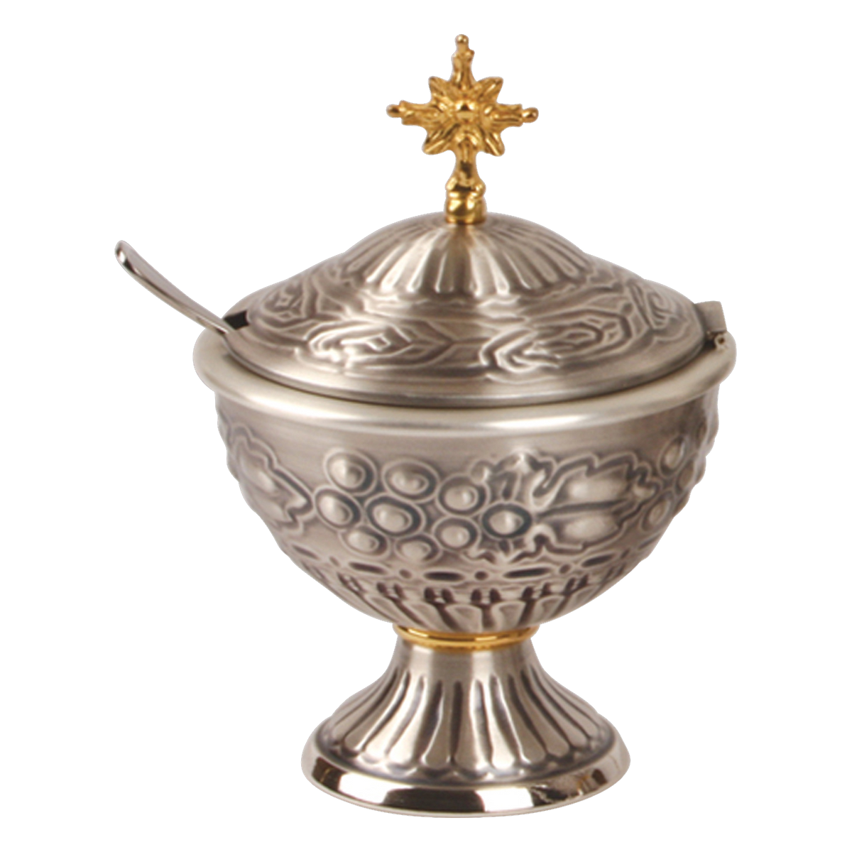 Koley's K911 four-chain oxidized silver censer and incense boat with gold cross