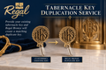 Illustration of customer tabernacle key duplication service, Regal Bronze 10KEY26; actual key appearance varies.