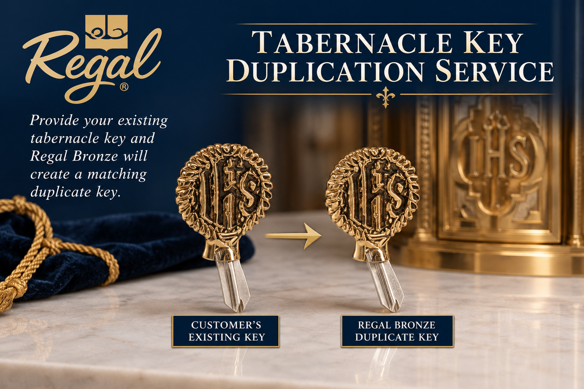 Illustration of customer tabernacle key duplication service, Regal Bronze 10KEY26; actual key appearance varies.